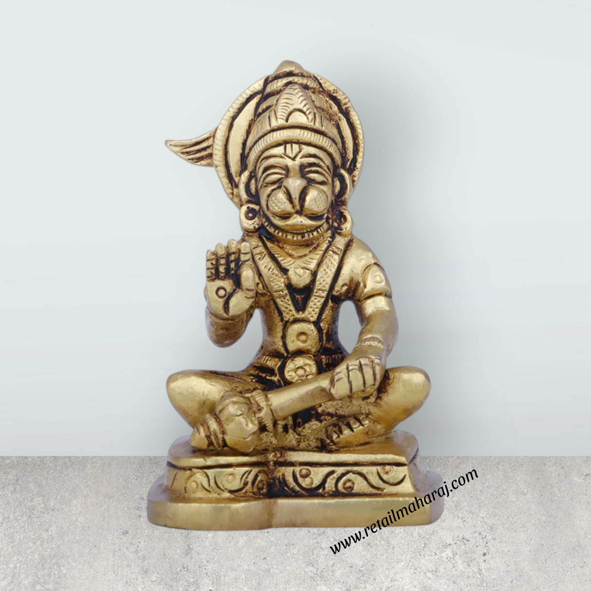 Anjaneya Statue - 3 x 1.75 Inches | Antique Brass Idol/ Sitting Hanuman Statue for Pooja/ 300 Gms Approx - Retail Maharaj
