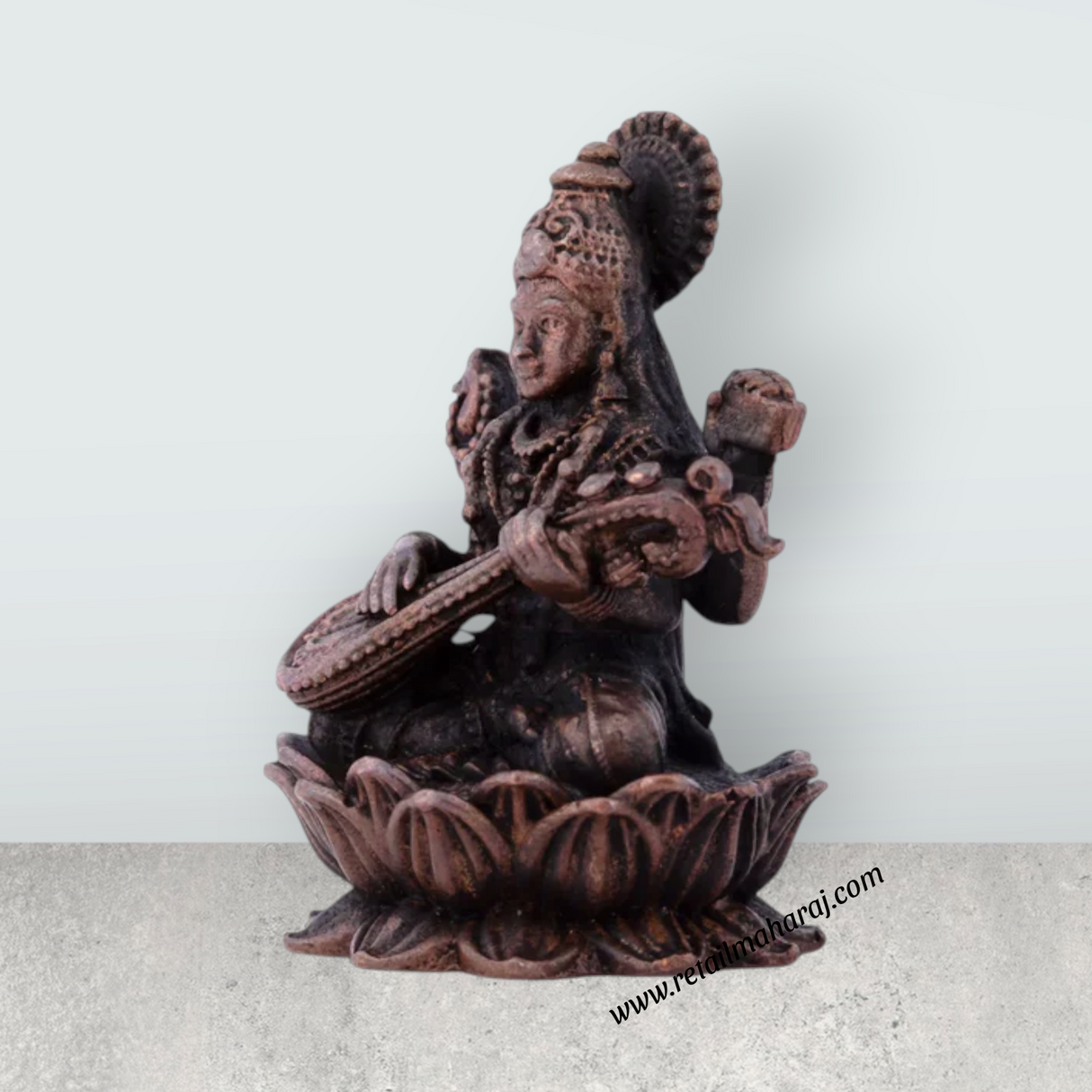 Saraswati Devi Statue – 2.5 x 2 Inches Saraswati Statue Sitting on Lotus Copper Idol for Pooja - Retail Maharaj