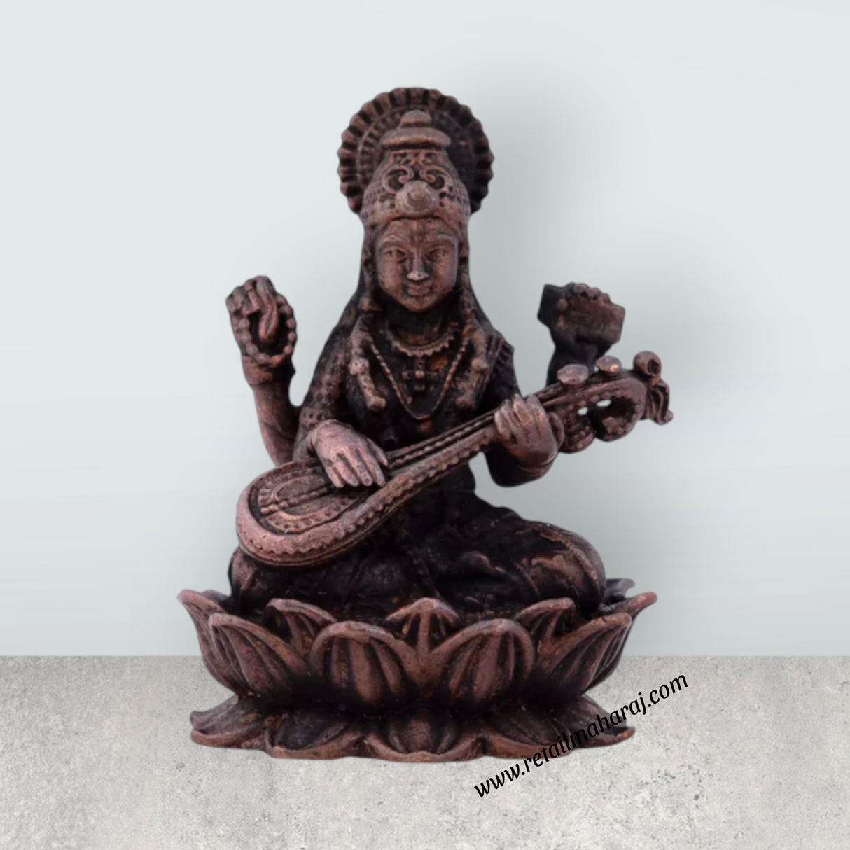 Saraswati Devi Statue – 2.5 x 2 Inches Saraswati Statue Sitting on Lotus Copper Idol for Pooja - Retail Maharaj
