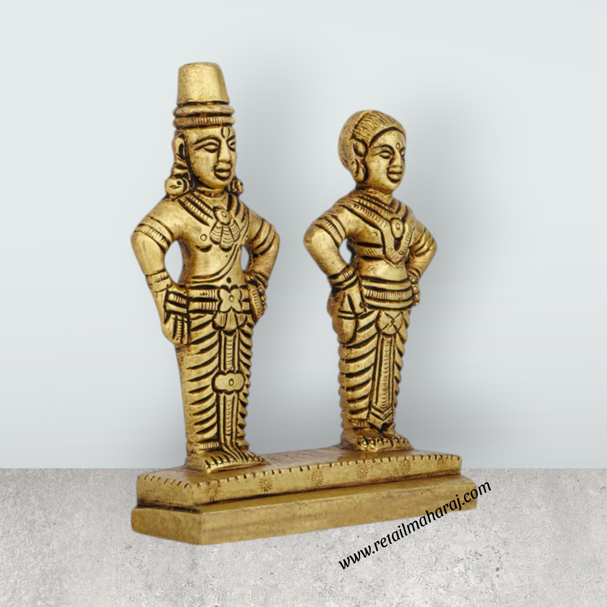 Vitthal Rukmini Murti Standing On Base - 4.25 x 3.5 Inches | Antique Brass Idol/ Vitthal Rakhumai Murti for Pooja - Retail Maharaj