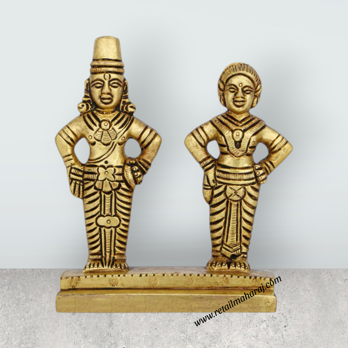 Vitthal Rukmini Murti Standing On Base - 4.25 x 3.5 Inches | Antique Brass Idol/ Vitthal Rakhumai Murti for Pooja - Retail Maharaj