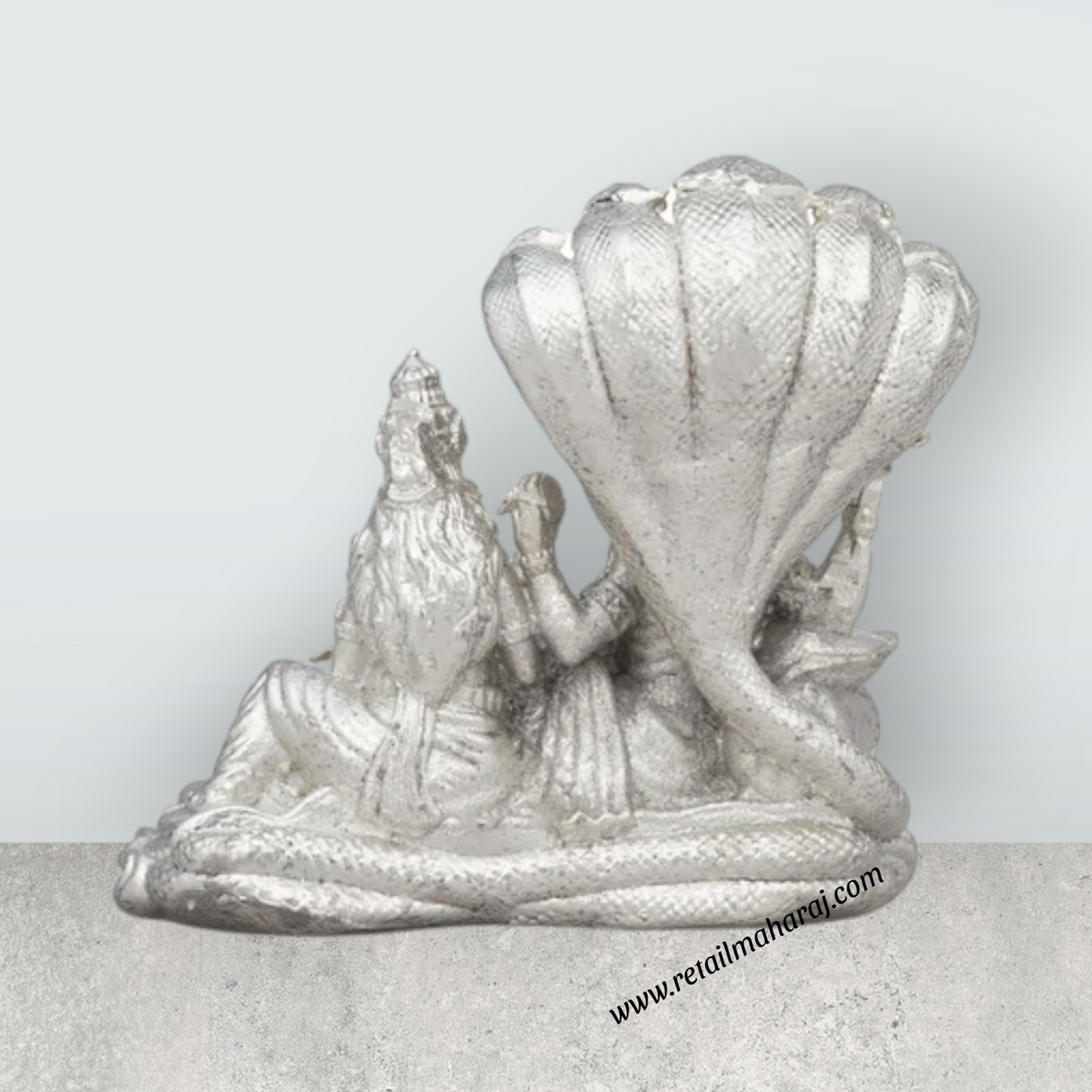 Laxmi Vishnu Murti Sitting on Sheshnag - 1.25 x 1.5 Inches | Copper Idol/ Silver Polish Lakshmi Vishnu Idol - Retail Maharaj