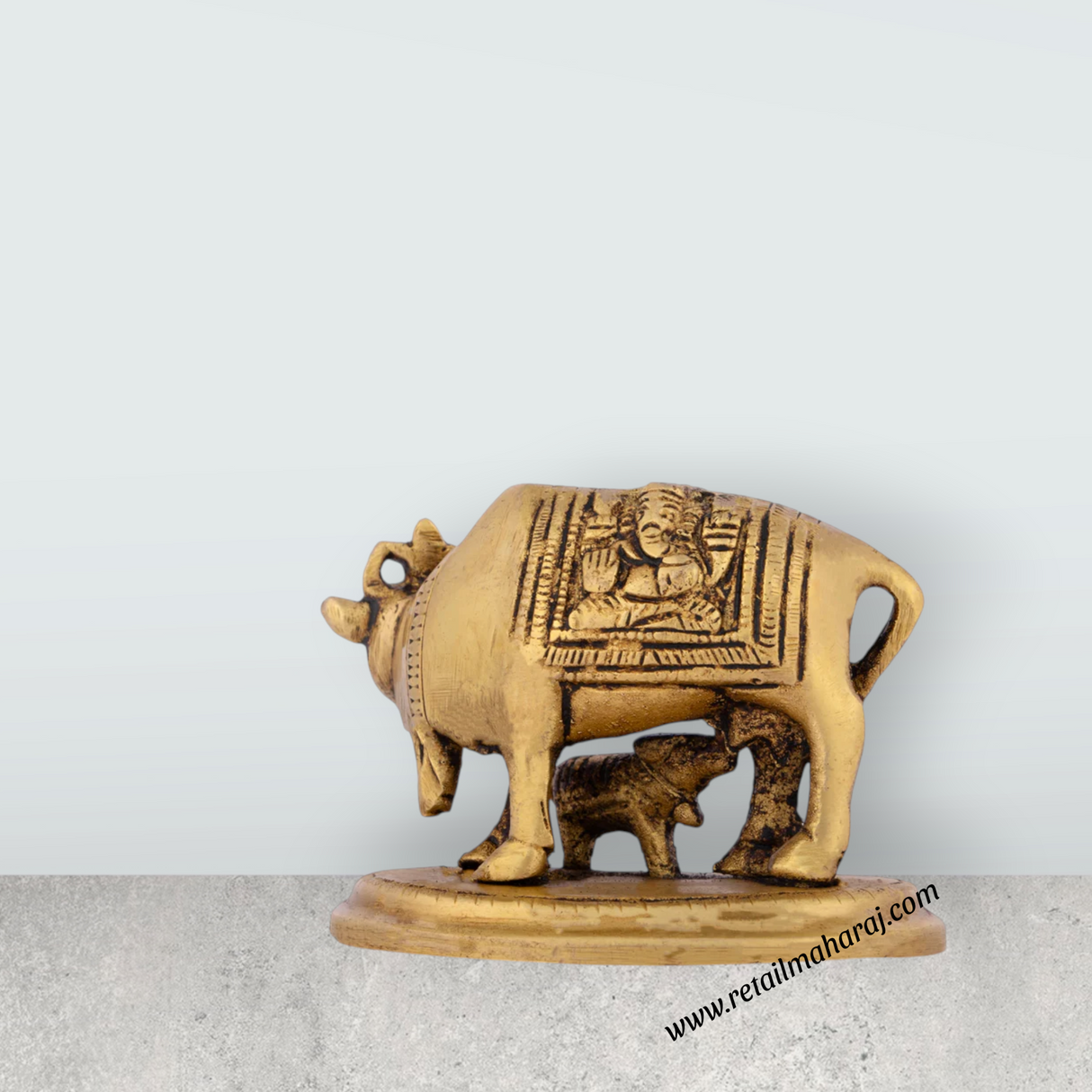 Cow and Calf Statue - 2.5 x 3 Inches | Antique Brass Statue/ Kamadhenu Statue for Pooja/ 520 Gms Approx - Retail Maharaj