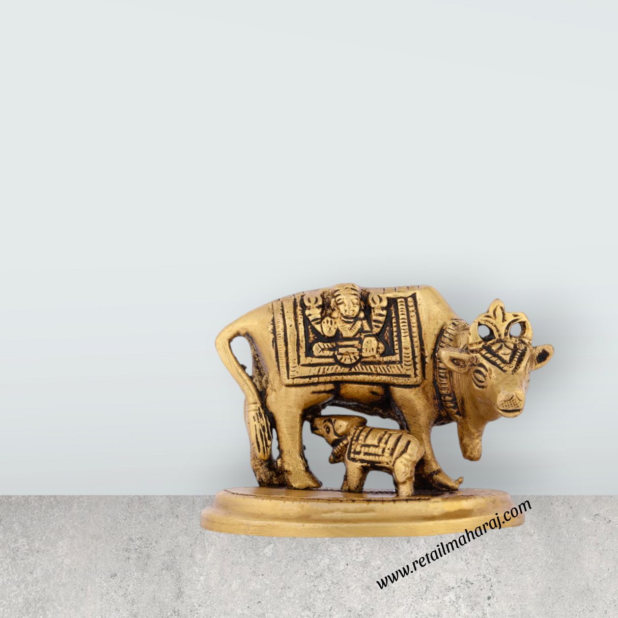 Cow and Calf Statue - 2.5 x 3 Inches | Antique Brass Statue/ Kamadhenu Statue for Pooja/ 520 Gms Approx - Retail Maharaj