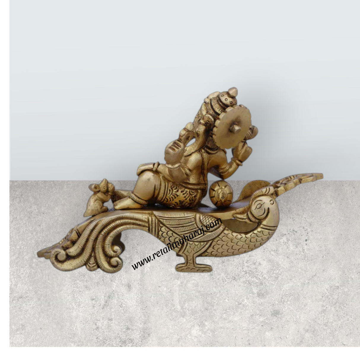 Ganesh Murti Sitting Peacock Sinhasan – Antique Brass Ganapati Idol for Pooja (4.5 x 7 Inches | 1.28 Kg) - Retail Maharaj