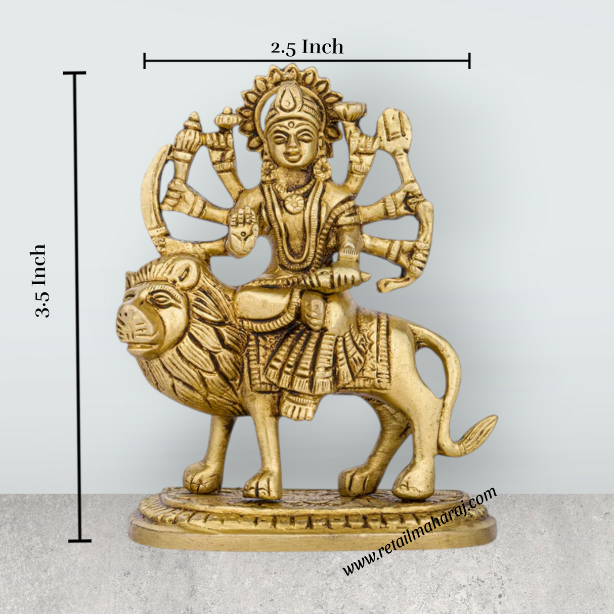 Durga Idol Sitting On Lion With Base - 3.5 x 2.5 Inches | Antique Brass Idol/ Durga Murti With 8 Hands for Pooja - Retail Maharaj