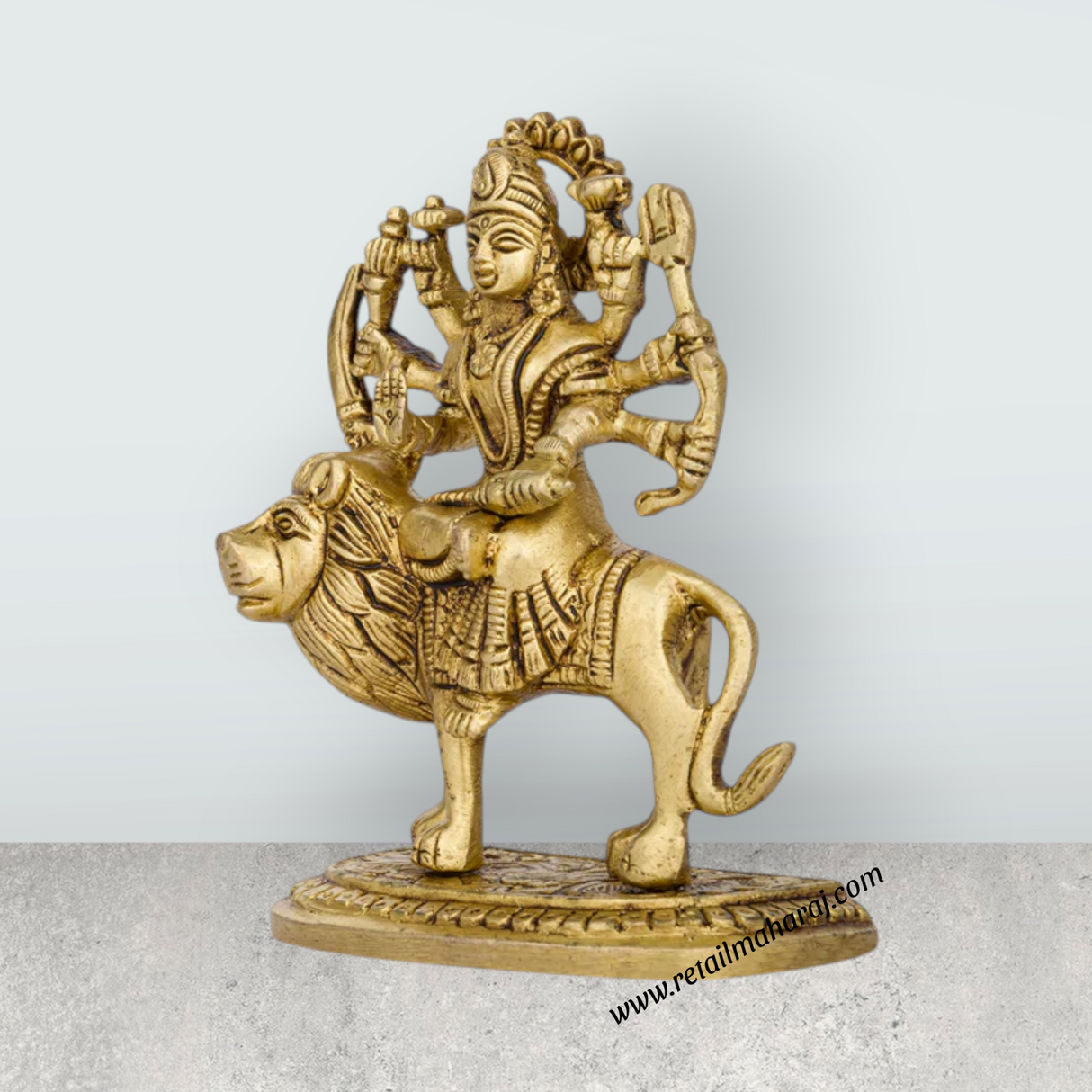 Durga Idol Sitting On Lion With Base - 3.5 x 2.5 Inches | Antique Brass Idol/ Durga Murti With 8 Hands for Pooja - Retail Maharaj