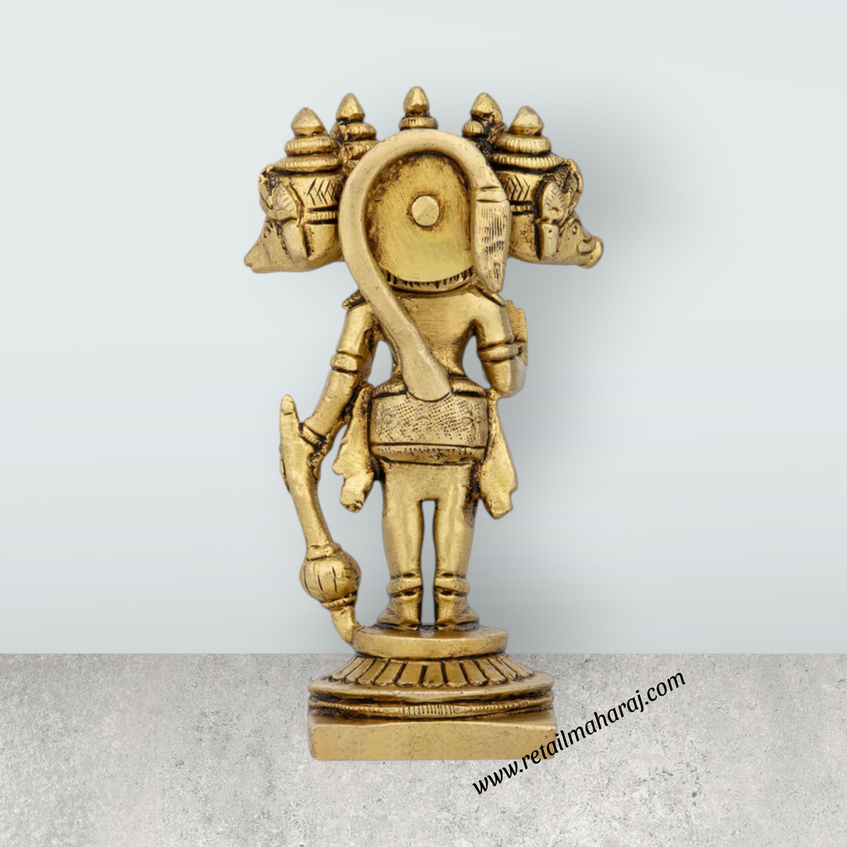 Panchmukhi Hanuman Murti Standing On Base - 4.5 x 2.5 Inches | Antique Brass Idol/ 5 Face Anjaneya Statue for Pooja - Retail Maharaj