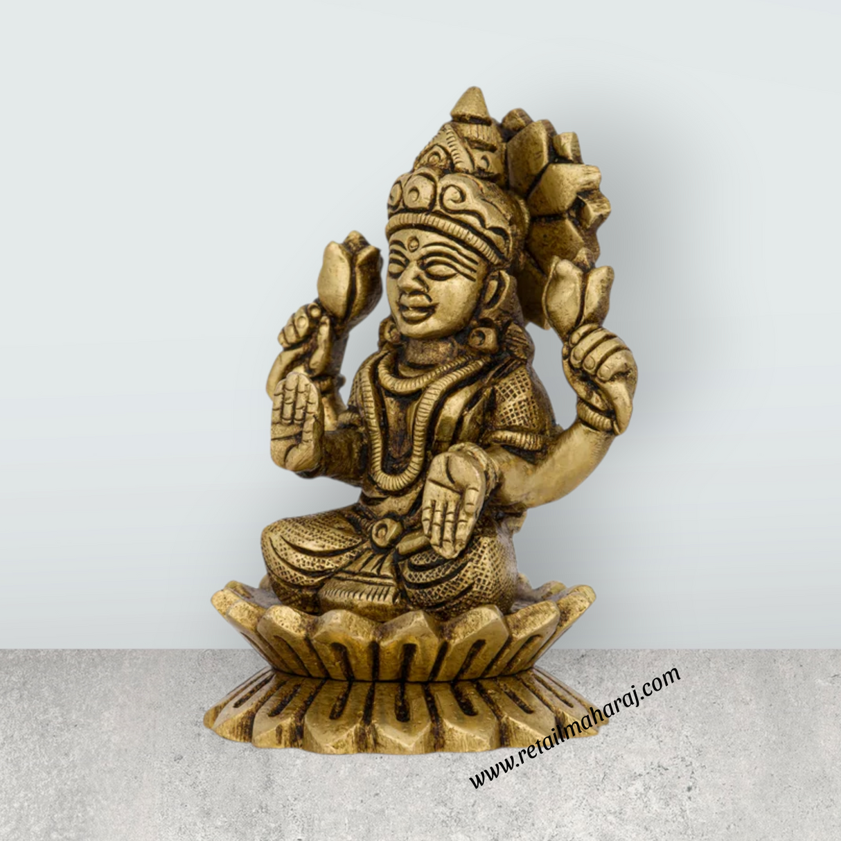 Lakshmi Idol Sitting On Lotus - 3 x 2 Inches | Antique Brass Idol/ Laxmi Murti for Pooja/ 290 Gms Approx - Retail Maharaj