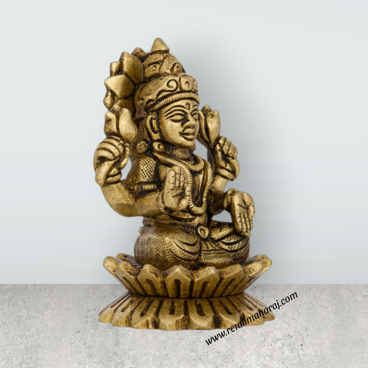 Lakshmi Idol Sitting On Lotus - 3 x 2 Inches | Antique Brass Idol/ Laxmi Murti for Pooja/ 290 Gms Approx - Retail Maharaj