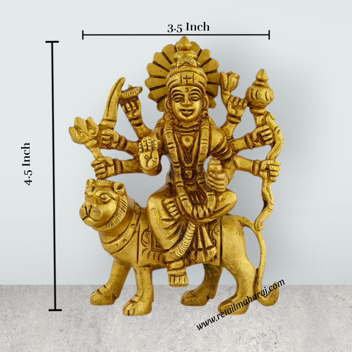 Durga Idol Sitting On Tiger - 4.5 x 3.5 Inches | Antique Brass Idol/ Durga Murti for Pooja/ 490 Gms Approx - Retail Maharaj
