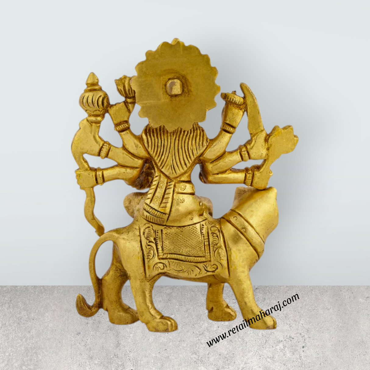 Durga Idol Sitting On Tiger - 4.5 x 3.5 Inches | Antique Brass Idol/ Durga Murti for Pooja/ 490 Gms Approx - Retail Maharaj