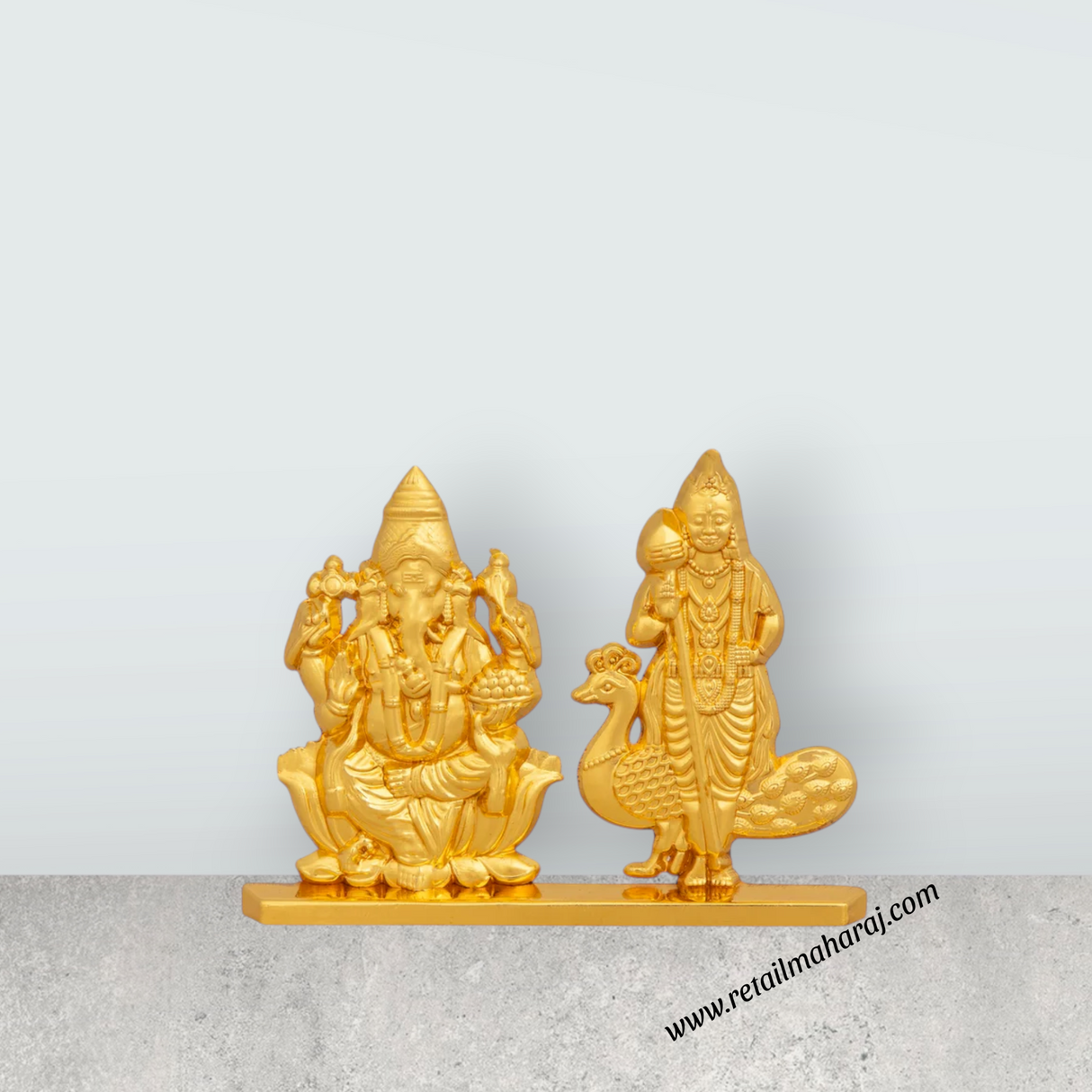 Ganesh Murti And Murugan Murti With Base - 2.25 x 3 Inches | Zinc And Gold Polish Showpiece for Car Decor - Retail Maharaj