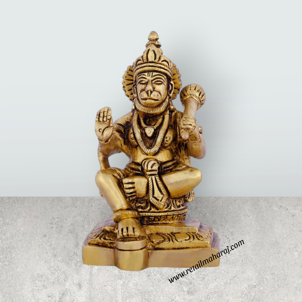 Anjaneya Statue Sitting On Base - 4.5 X 2.75 Inches | Antique Brass Idol/ Hanuman Statue For Blessings