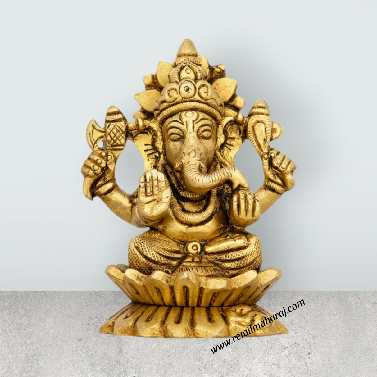 Ganesh Murti Sitting On Lotus Flower - 3.25 x 2.25 Inches | Antique Brass Idol/ Ganpati Murti for Pooja/ 340 Gms - Retail Maharaj