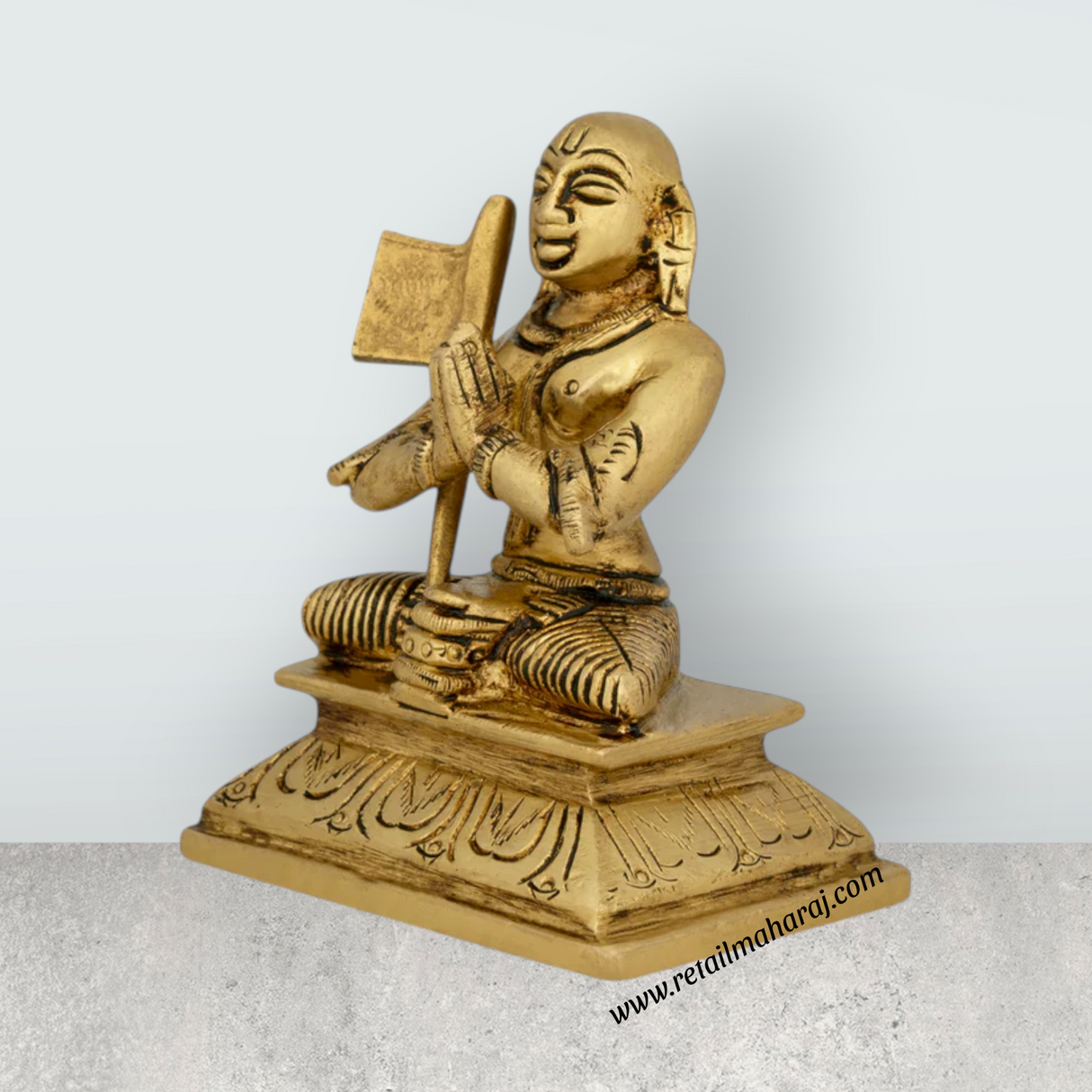 Ramanujar Statue Sitting On Base - 4 x 3 Inches | Antique Brass Idol/ Ramanujar Idol for Pooja - Retail Maharaj