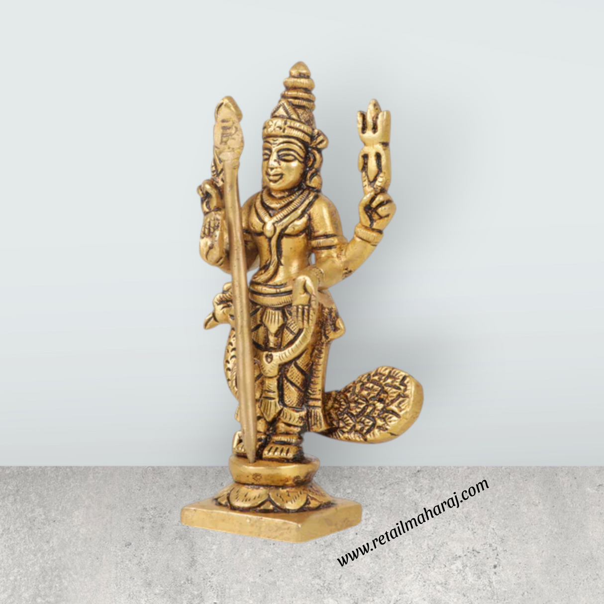 Murugan Statue Standing On Base – Antique Brass Murugan Silai with Peacock for Pooja (5 x 2.5 Inches) - Retail Maharaj