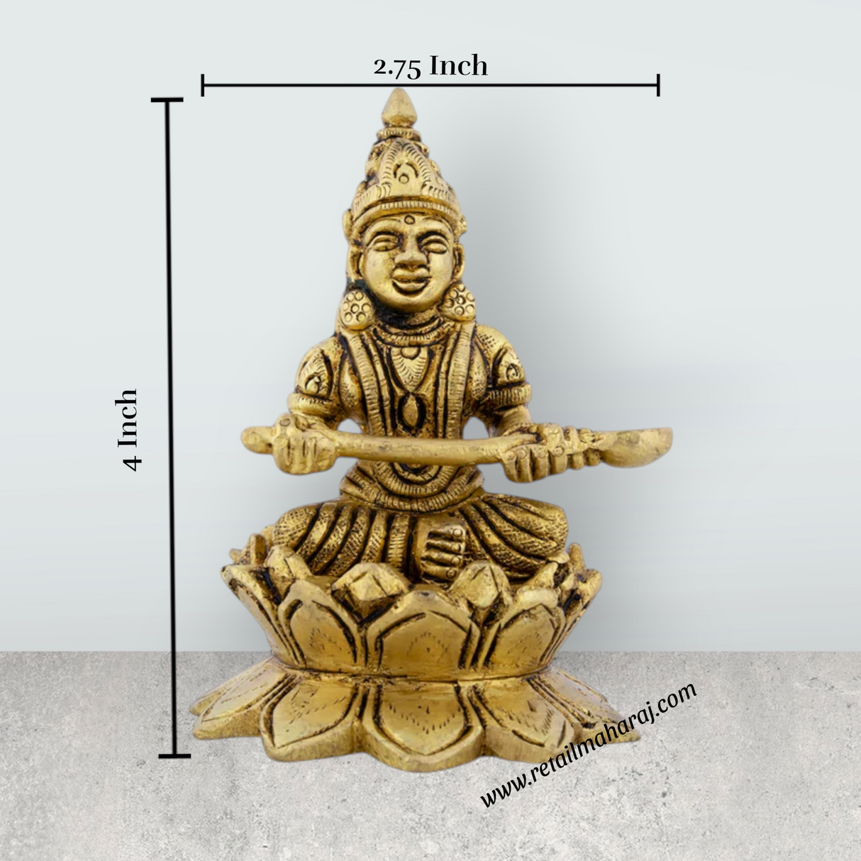Annapurna Devi Sitting On Lotus Flower - 4 x 2.75 Inches | Antique Brass Idol/ Annapurna Murti for Pooja/ 740 Gms - Retail Maharaj