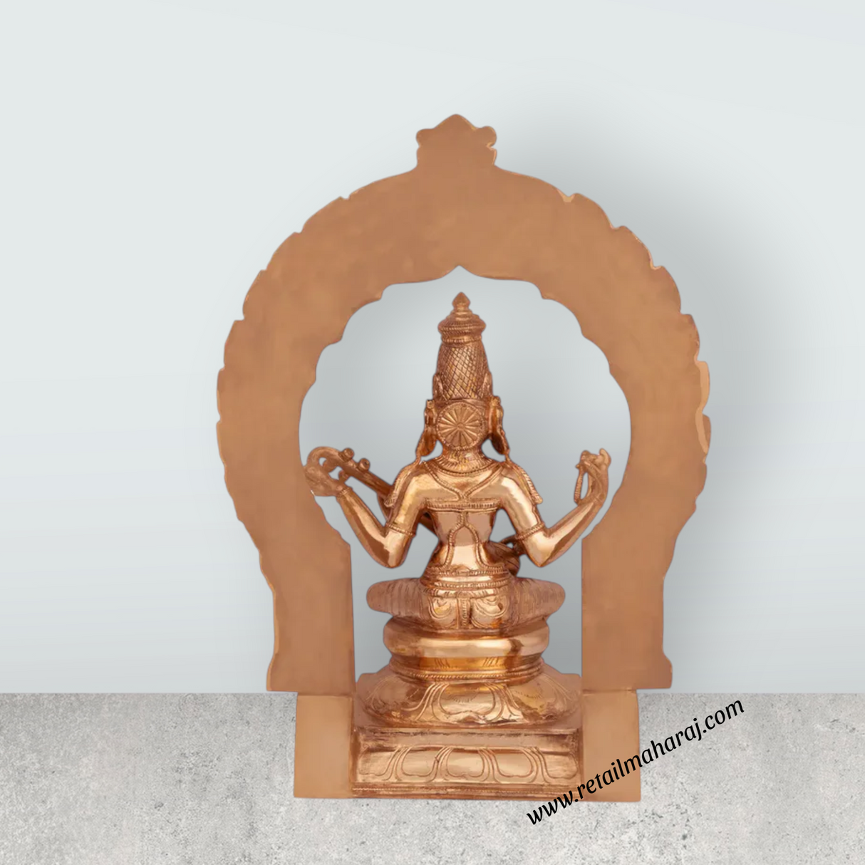 Saraswati sitting on Base Murti - 15 x 11 inches | Panchaloha Idol / Vagdevi with arch Statue for pooja - Retail Maharaj