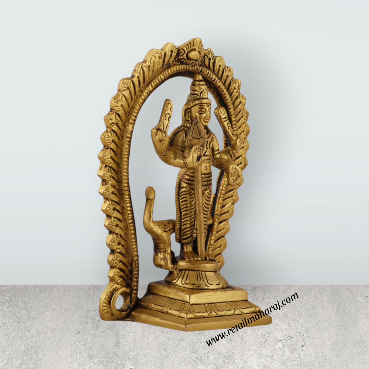 Murugan Statue With Arch Standing On Base - 5 x 3.25 Inches | Antique Brass Idol/ Kartikeya Statue With Peacock for Pooja