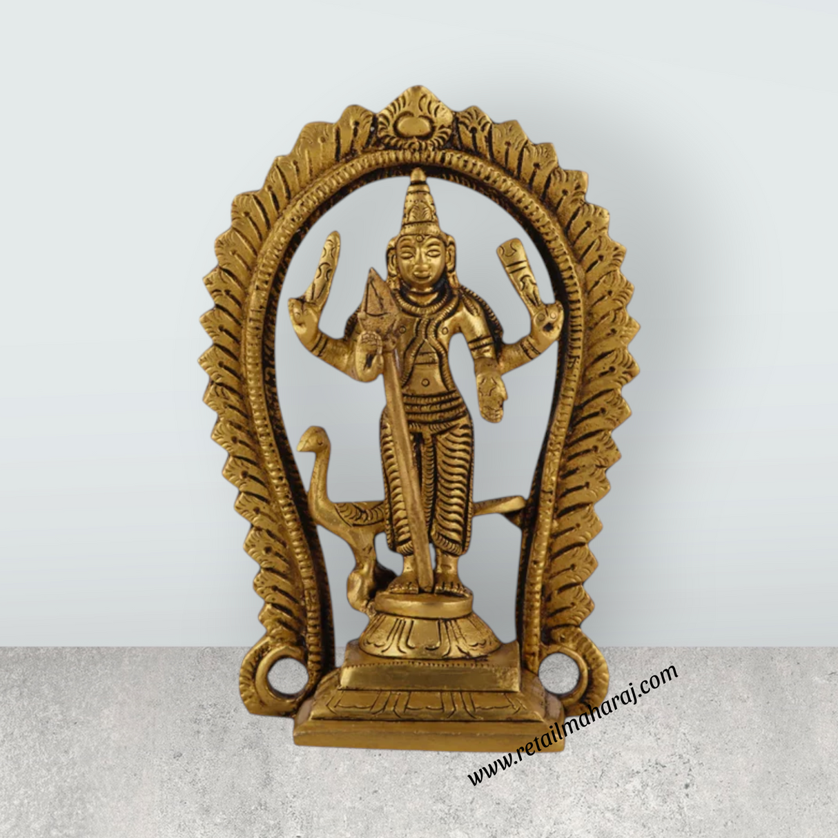 Murugan Statue With Arch Standing On Base - 5 x 3.25 Inches | Antique Brass Idol/ Kartikeya Statue With Peacock for Pooja