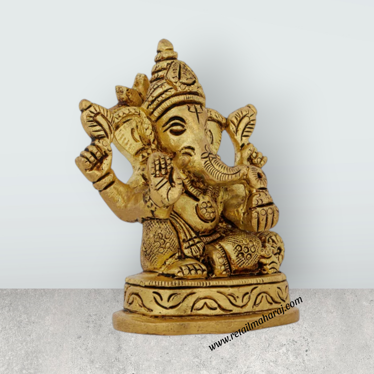 Ganesh Murti Sitting On Base - 3.5 x 2.5 Inches | Antique Brass Idol/ Vinayaka Statue With Takiya for Worship - Retail Maharaj