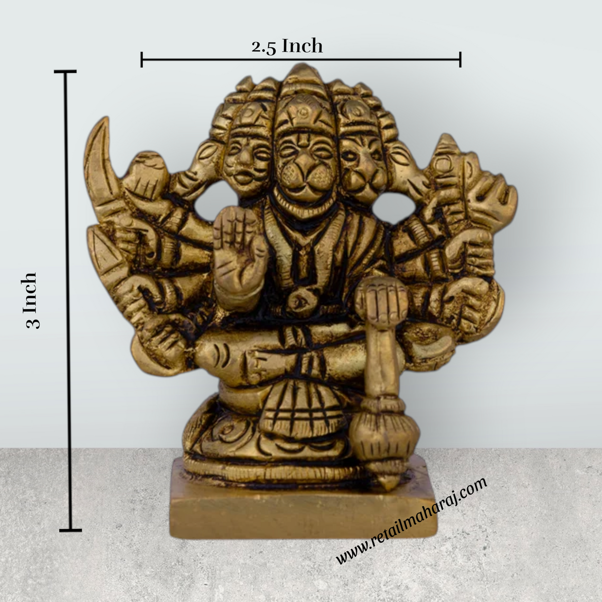 Panchmukhi Hanuman Murti - 3 X 2.5 Inches | Antique Brass Idol/ Sitting 5 Face Anjaneya Statue For Protection - Retail Maharaj