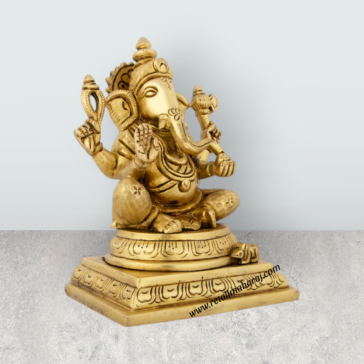 Ganesh Murti Sitting On Chowki - 6 x 4 Inches | Antique Brass Idol/ Ganpati Murti for Pooja/ 1.970 Kgs - Retail Maharaj