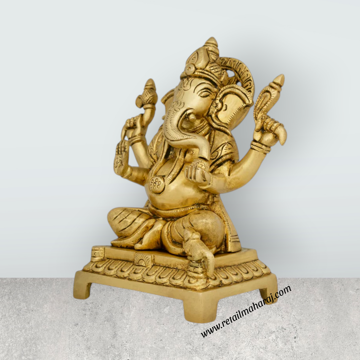 Ganesh Murti Sitting On Chowki - 6.5 x 5 Inches | Ganpati Murti/ Antique Brass Idol/ Vinayaka Statue for Pooja