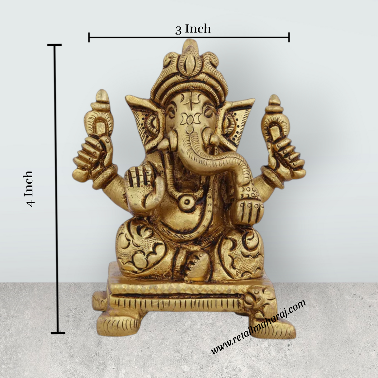 Ganesh Murti - 4 x 3 Inches | Antique Brass Idol/ Vinayaka Idol/ Ganpati Murti for Pooja/ 550 Gms Approx