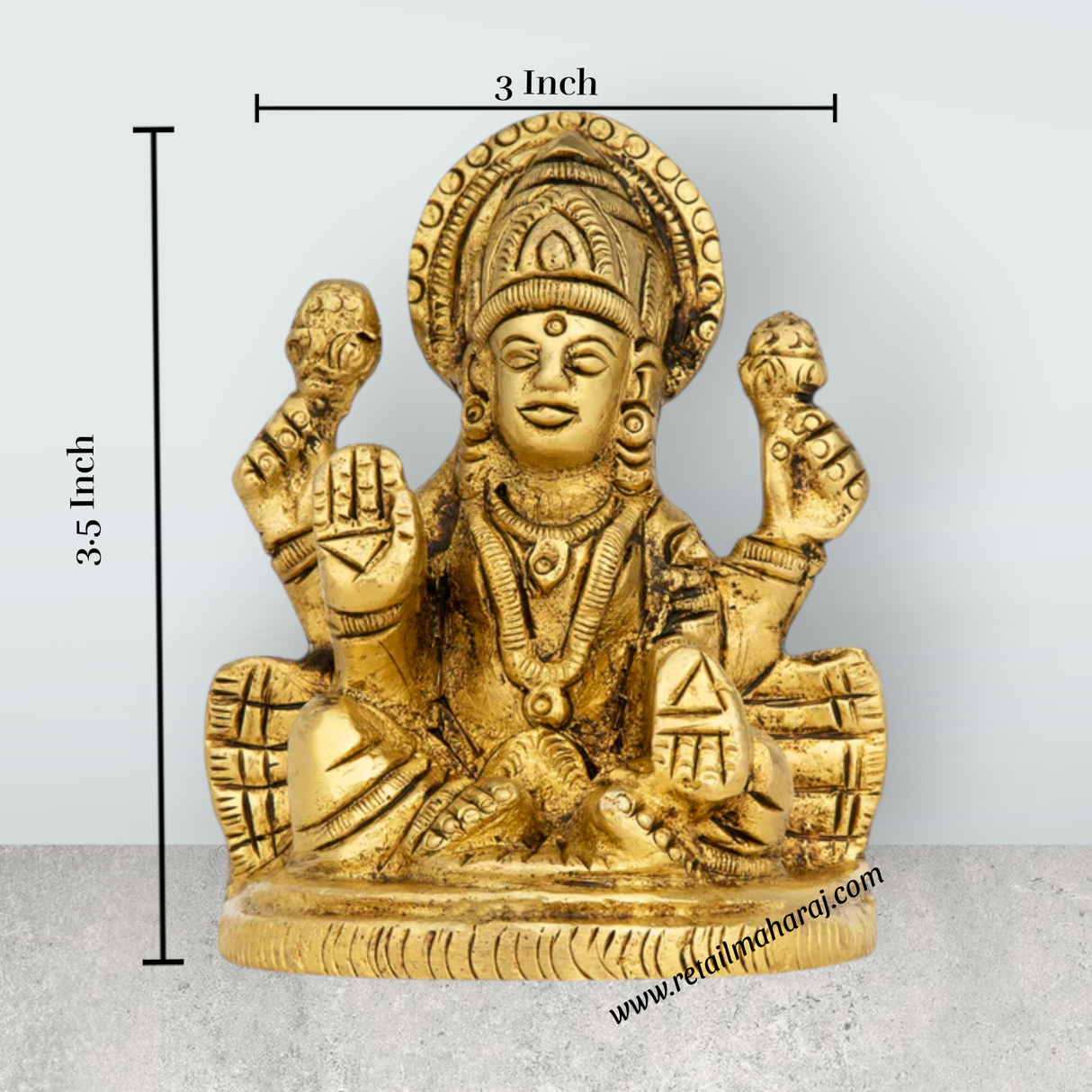 Lakshmi Idol Sitting On Base - 3.5 x 3 Inches | Antique Brass Idol/ Laxmi Idol for Pooja - Retail Maharaj
