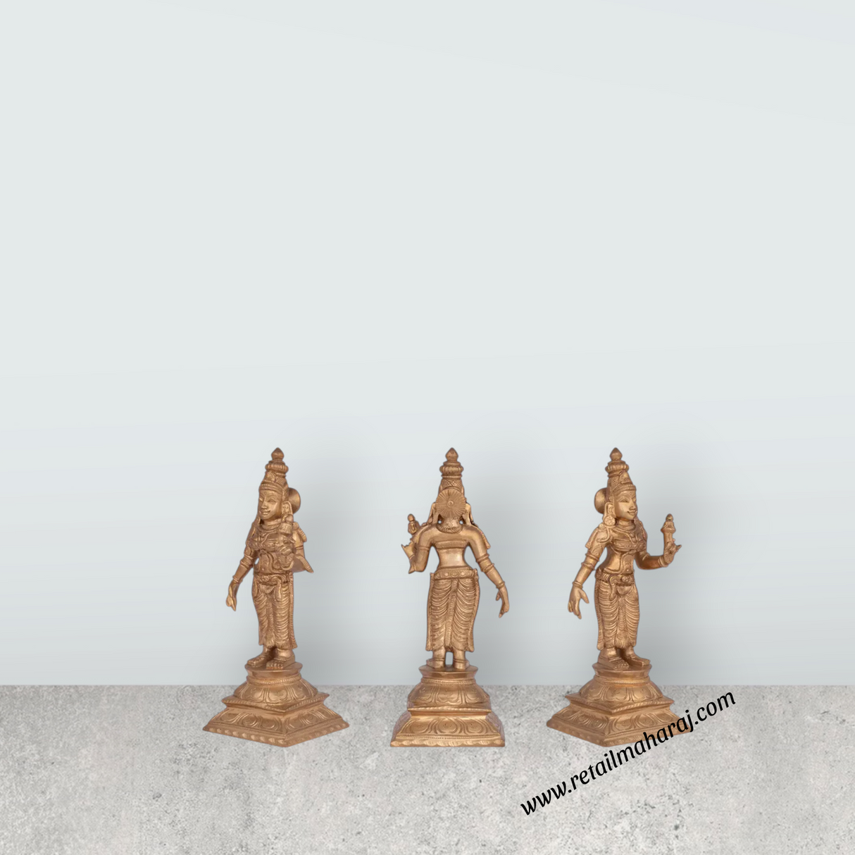Perumal Sridevi Bhudevi Murti - 10 x 4.5 Inches | Panchaloha Idol/ Perumal with Sridevi Bhudevi Statue For Pooja - Retail Maharaj