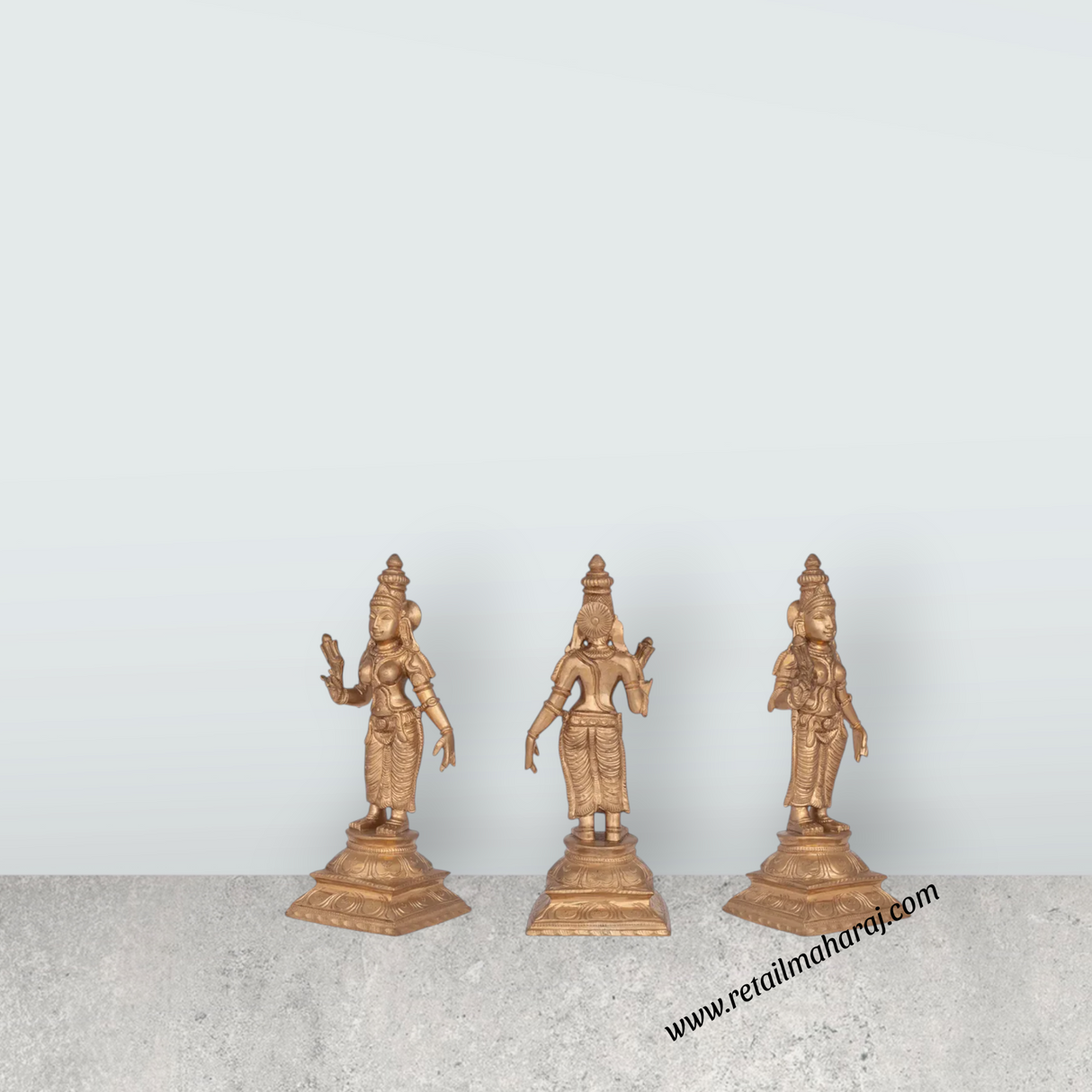 Perumal Sridevi Bhudevi Murti - 10 x 4.5 Inches | Panchaloha Idol/ Perumal with Sridevi Bhudevi Statue For Pooja - Retail Maharaj