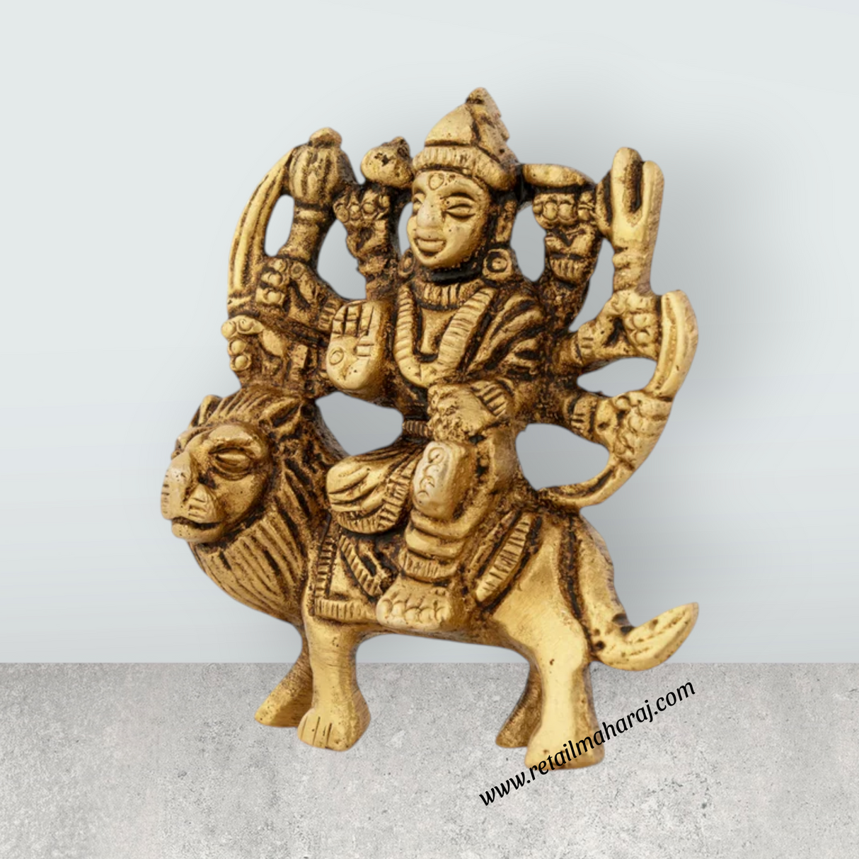 Durga Idol Sitting On Lion With 8 Hands - 2.5 x 2.5 Inches | Antique Brass Idol/ Durga Statue for Pooja/ 120 Gms - Retail Maharaj