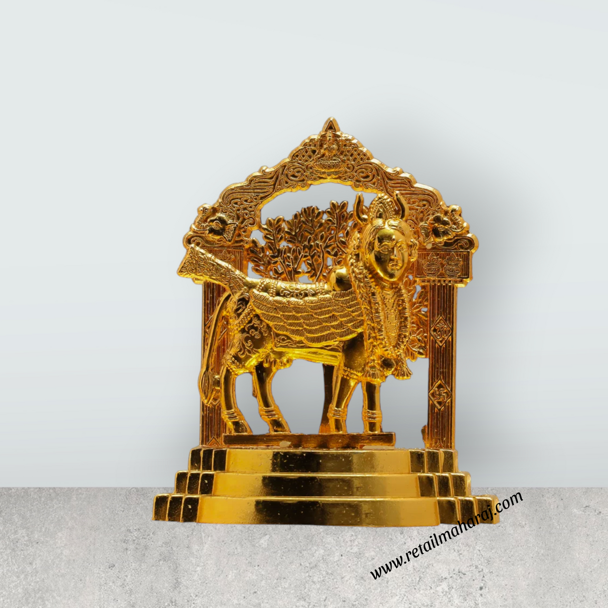 Kamadhenu Idol With Arch - 3.25 Inches | Brass Kamadhenu Statue/ Gold Polish Kamadhenu Cow Statue for Pooja - Retail Maharaj