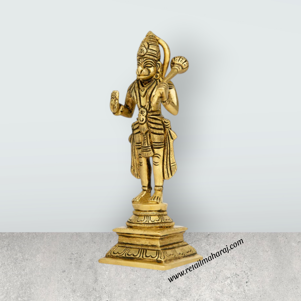 Anjaneya Statue Standing On Base - 7 x 2 Inches | Antique Brass Idol/ Ashirwad Hanuman Statue for Pooja