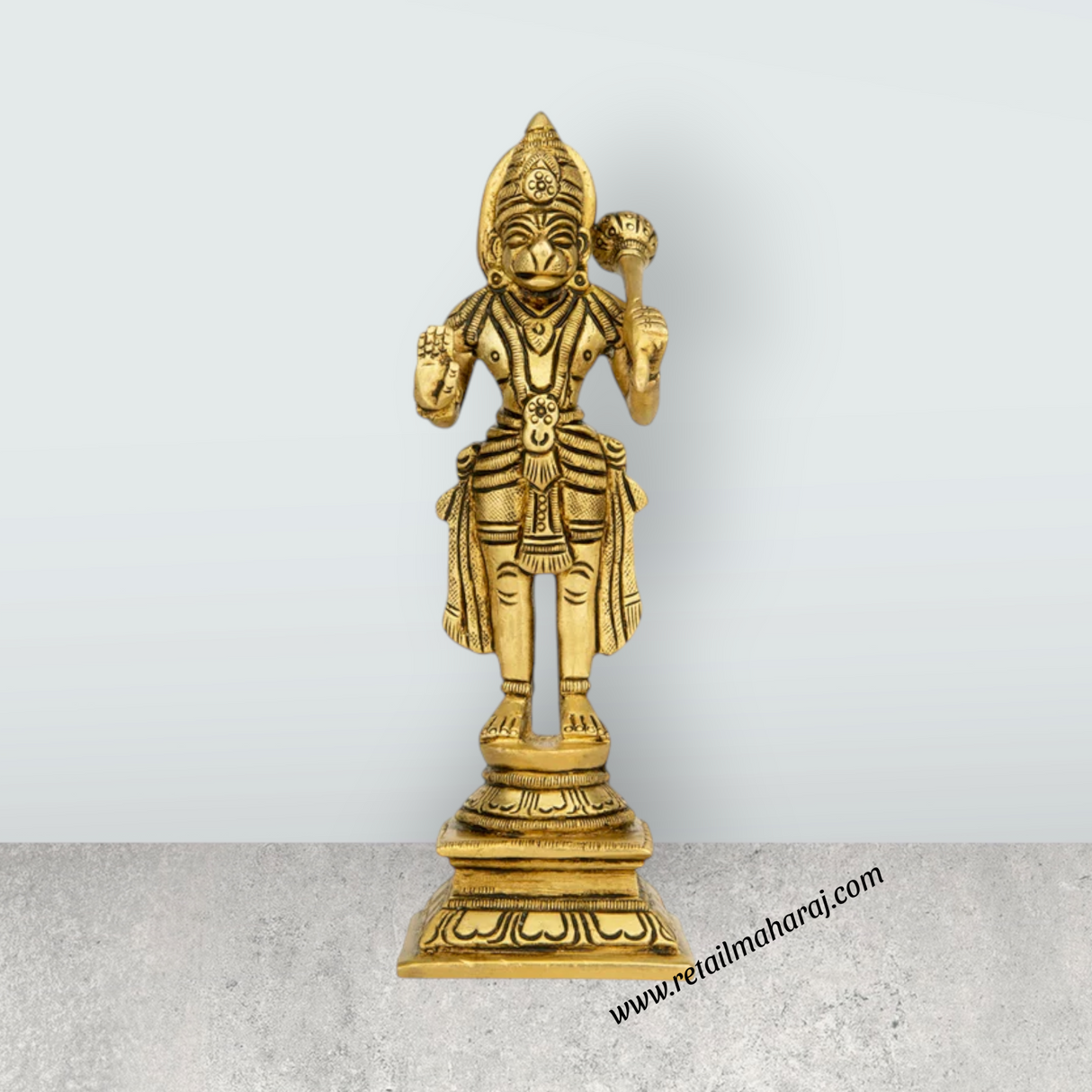 Anjaneya Statue Standing On Base - 7 x 2 Inches | Antique Brass Idol/ Ashirwad Hanuman Statue for Pooja