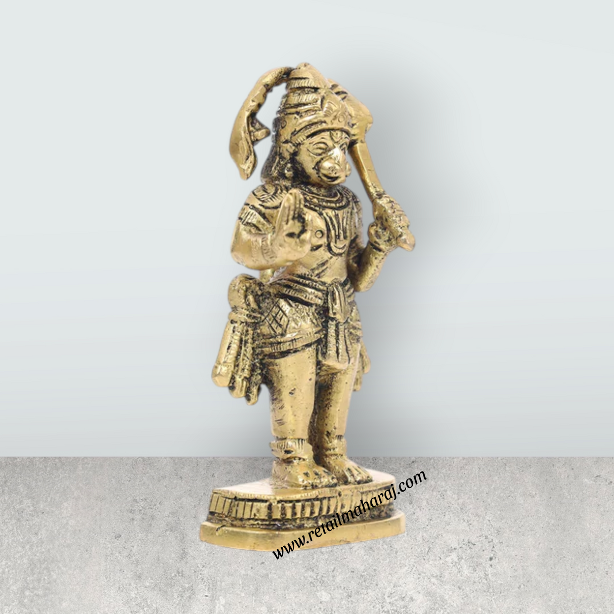 Anjaneya Statue Standing On Base – 4 X 2 Inches | Antique Brass Idol / Hanuman Statue for Pooja and Worship - Retail Maharaj