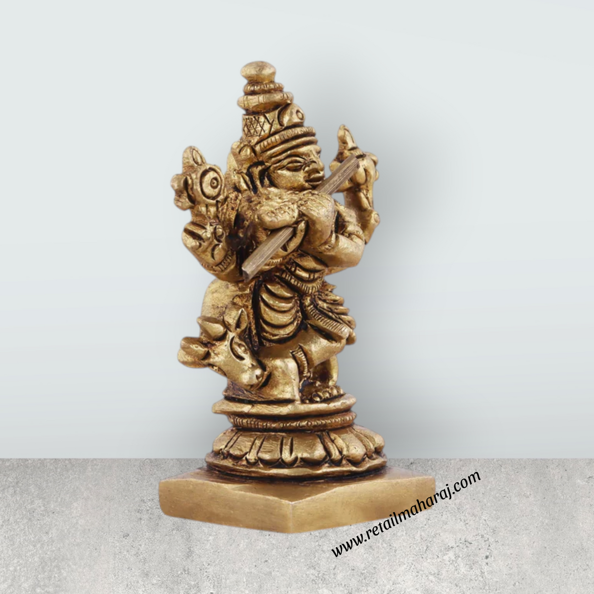 Krishna Statue with Cow - 2 x 1.5 Inches | Antique Brass Idol/ Cow Krishna for Pooja/ 80 Gms Approx