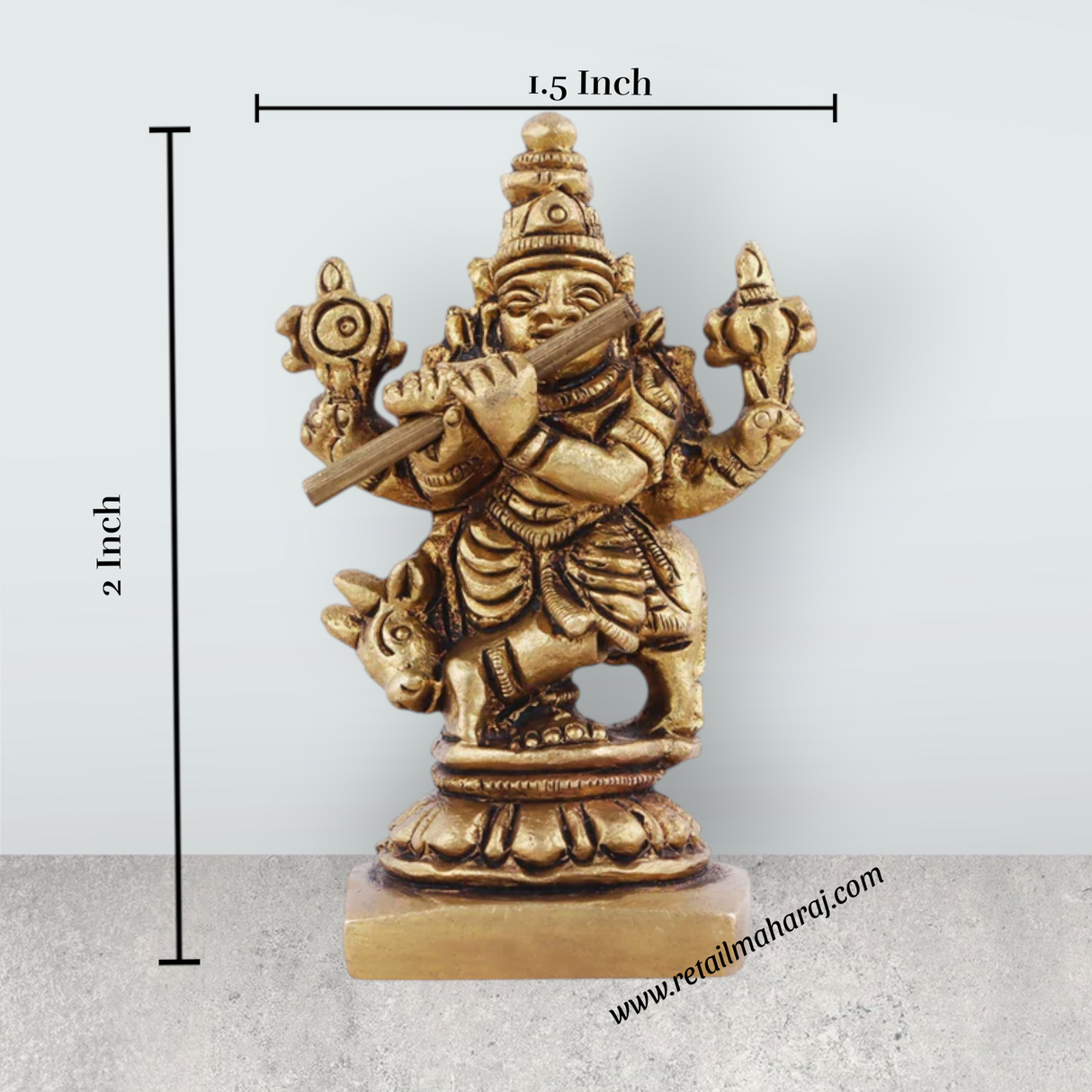 Krishna Statue with Cow - 2 x 1.5 Inches | Antique Brass Idol/ Cow Krishna for Pooja/ 80 Gms Approx