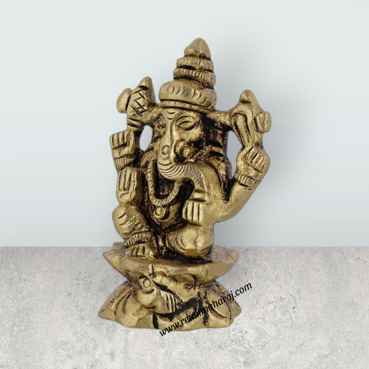 Ganesh Murti Sitting On Base - 1.75 x 1 Inches | Antique Brass Idol / Ganpati Murti For Home Pooja - Retail Maharaj