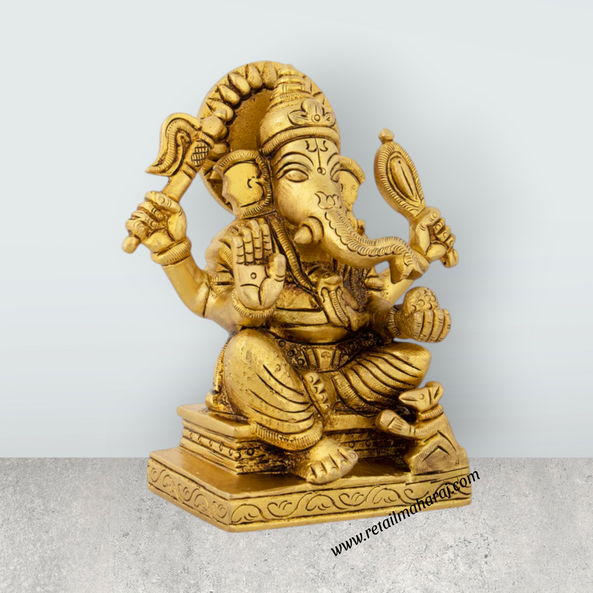 Ganesh Murti Sitting On Chowki - 4.75 x 4 Inches | Antique Brass Idol/ Ganpati Murti/ Vinayaka Statue for Pooja - Retail Maharaj