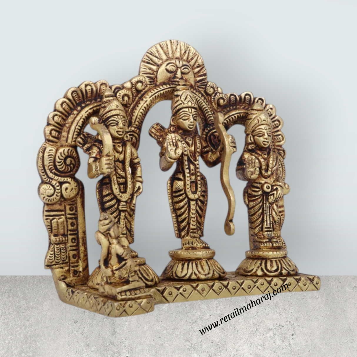 Ram Darbar Murti with Arch - 5 x 5.5 Inches | Antique Brass Idol/ Ram Darbar Idol for Pooja/ 980 Gms Approx - Retail Maharaj