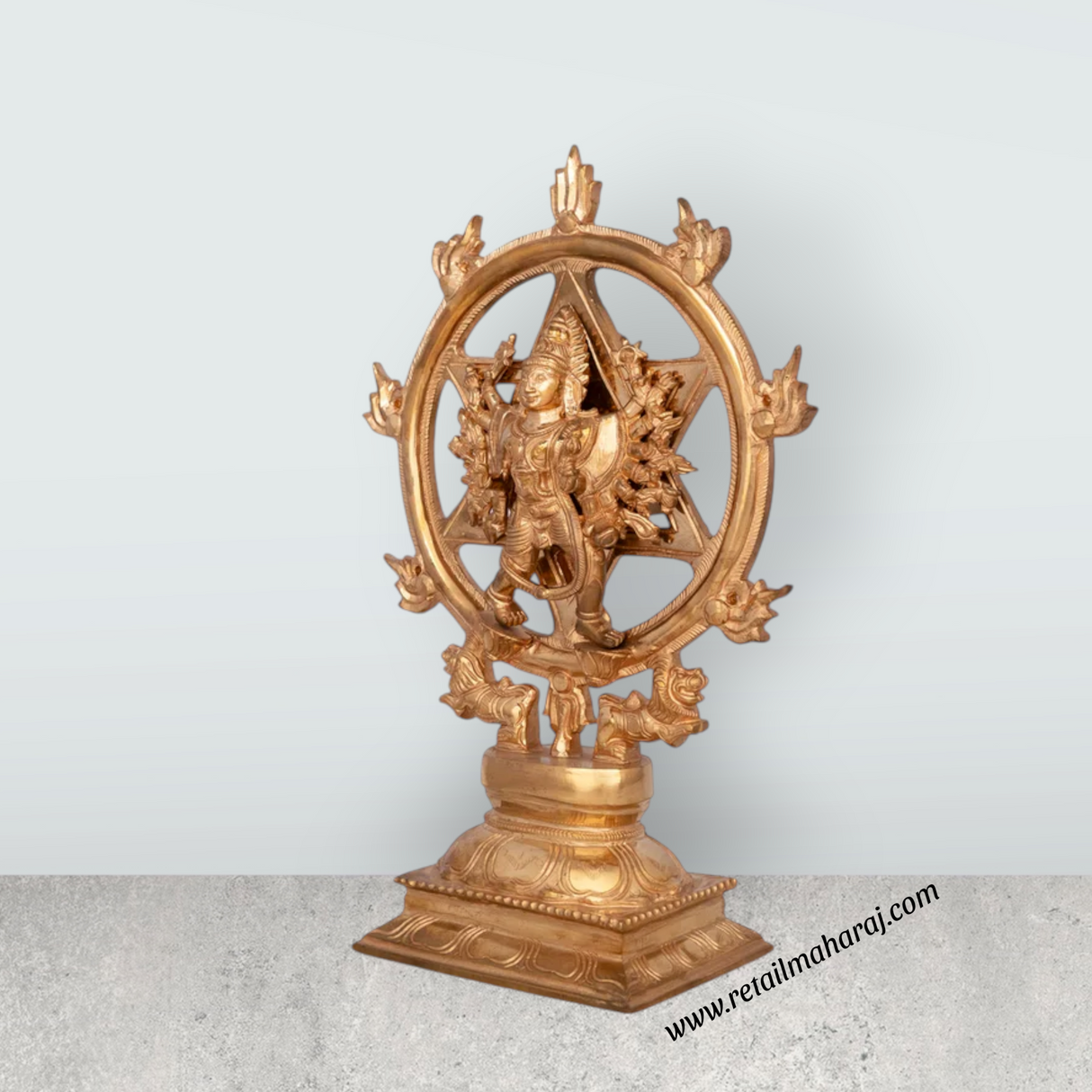 Chakrathazhwar Standing On Base - 11.5 x 8 Inches | Panchaloha Idol / Sudarshana Chakra Idol For Pooja - Retail Maharaj