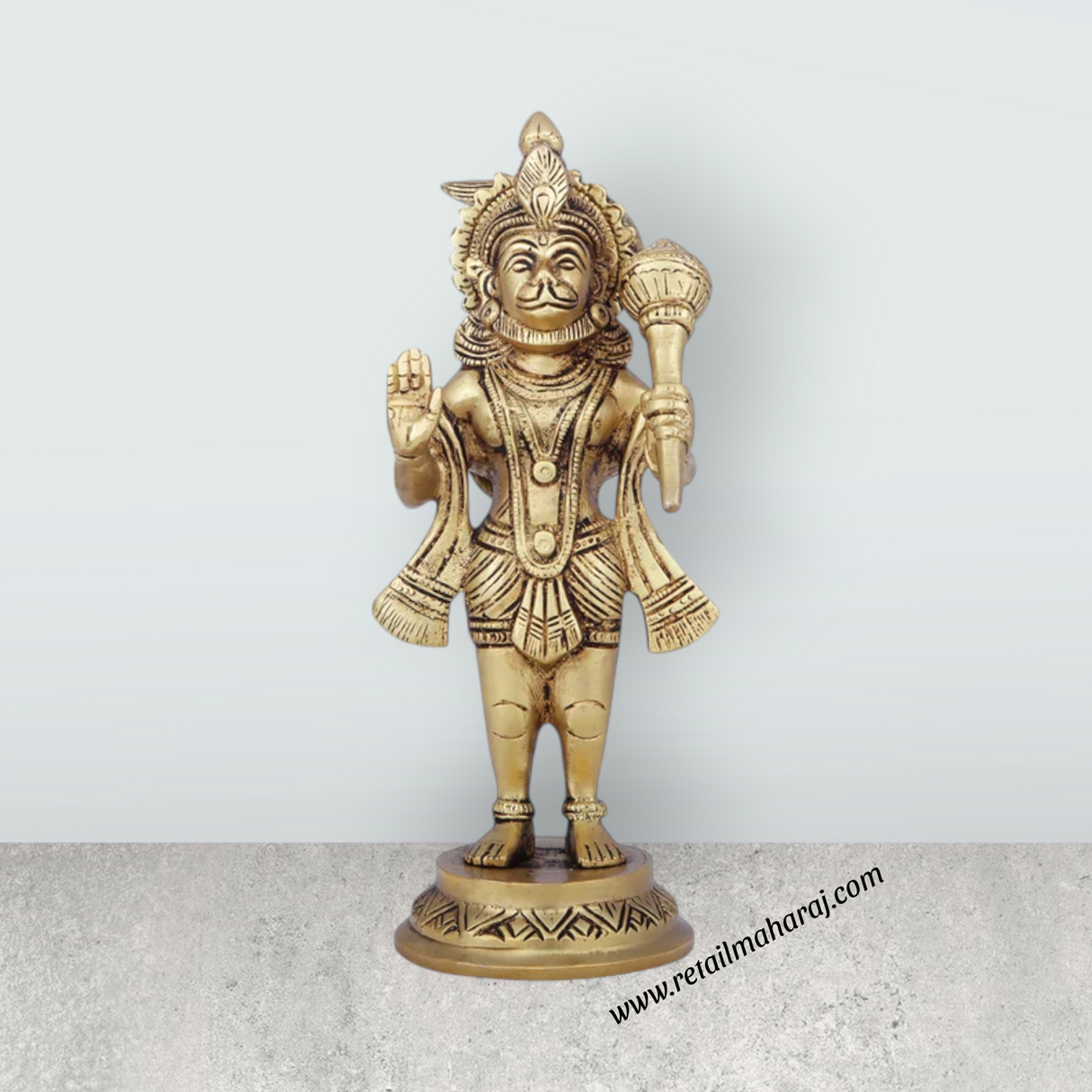 Anjaneya Statue - 8 x 4 Inches | Antique Brass Idol/ Standing Hanuman Statue for Pooja/ 1.550 Kgs Approx - Retail Maharaj