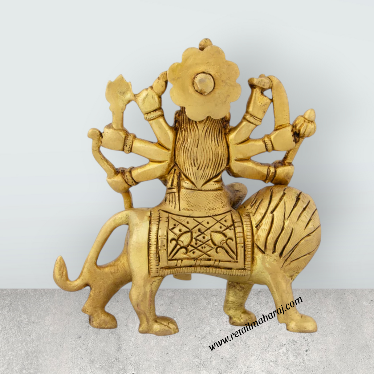 Durga Idol Sitting On Lion - 4.5 x 4 Inches | Antique Brass Idol/ Durga Murti With Eight Hands for Pooja - Retail Maharaj