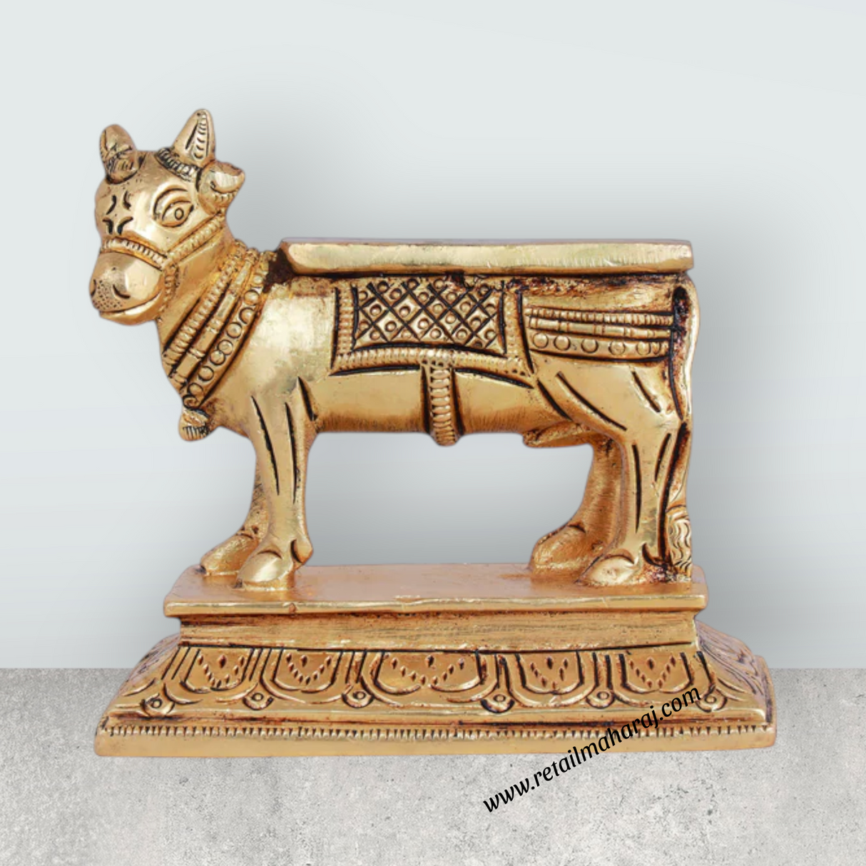 Nandi Statue Standing On Base - 4 x 4 Inches | Antique Brass Idol/ Nandi Idol/ Nandhi Statue for Pooja - Retail Maharaj