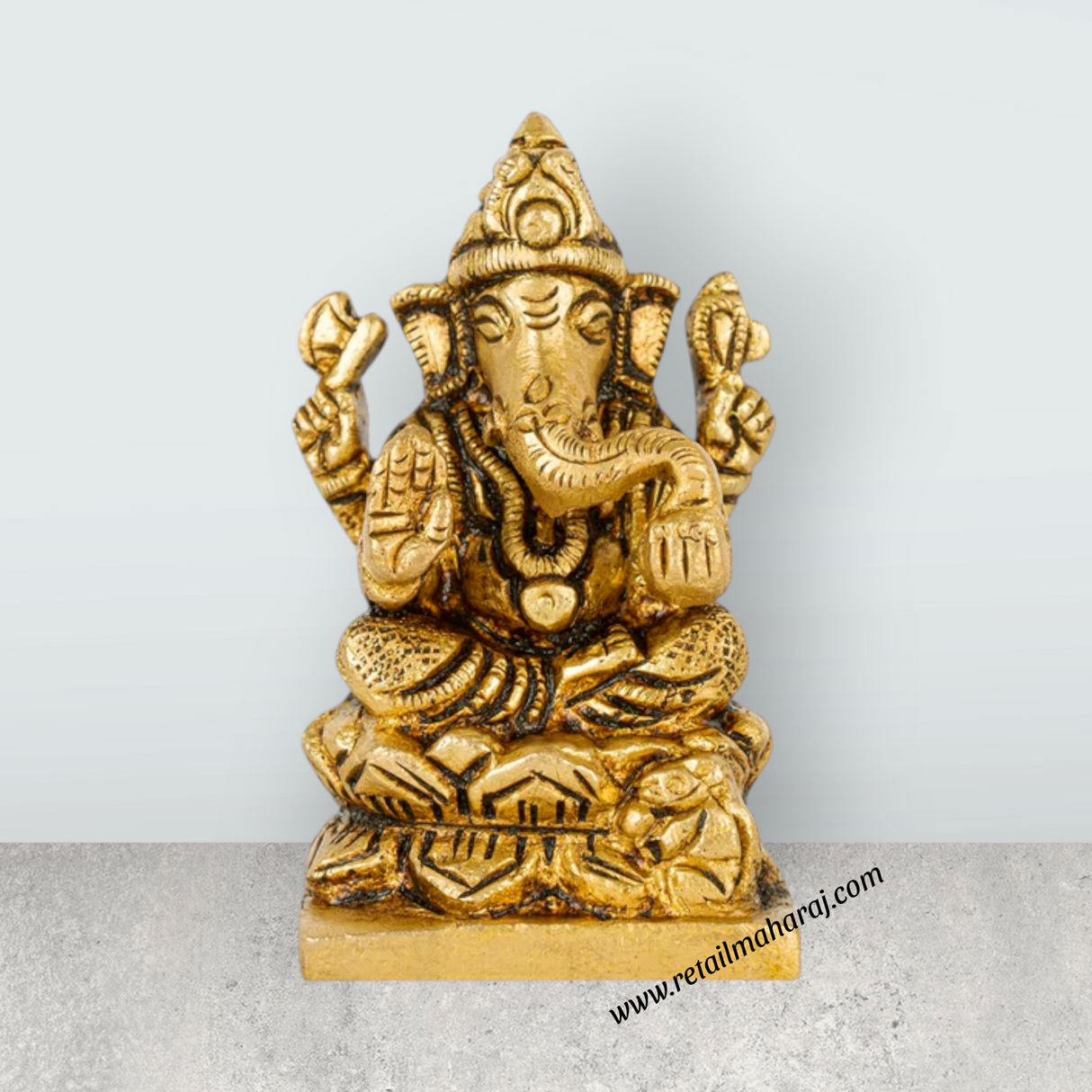 Ganesh Murti Sitting On Lotus Base - 2 x 1.5 Inches | Ganesh Idol/ Antique Brass Idol for Pooja - Retail Maharaj