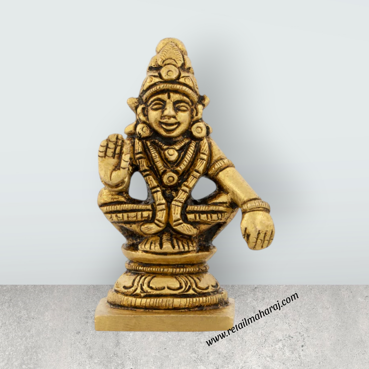 Ayyappan Statue Sitting On Base - 2.5 x 1.5 Inches | Antique Brass Idol/ Ayyappa Idol for Pooja - Retail Maharaj