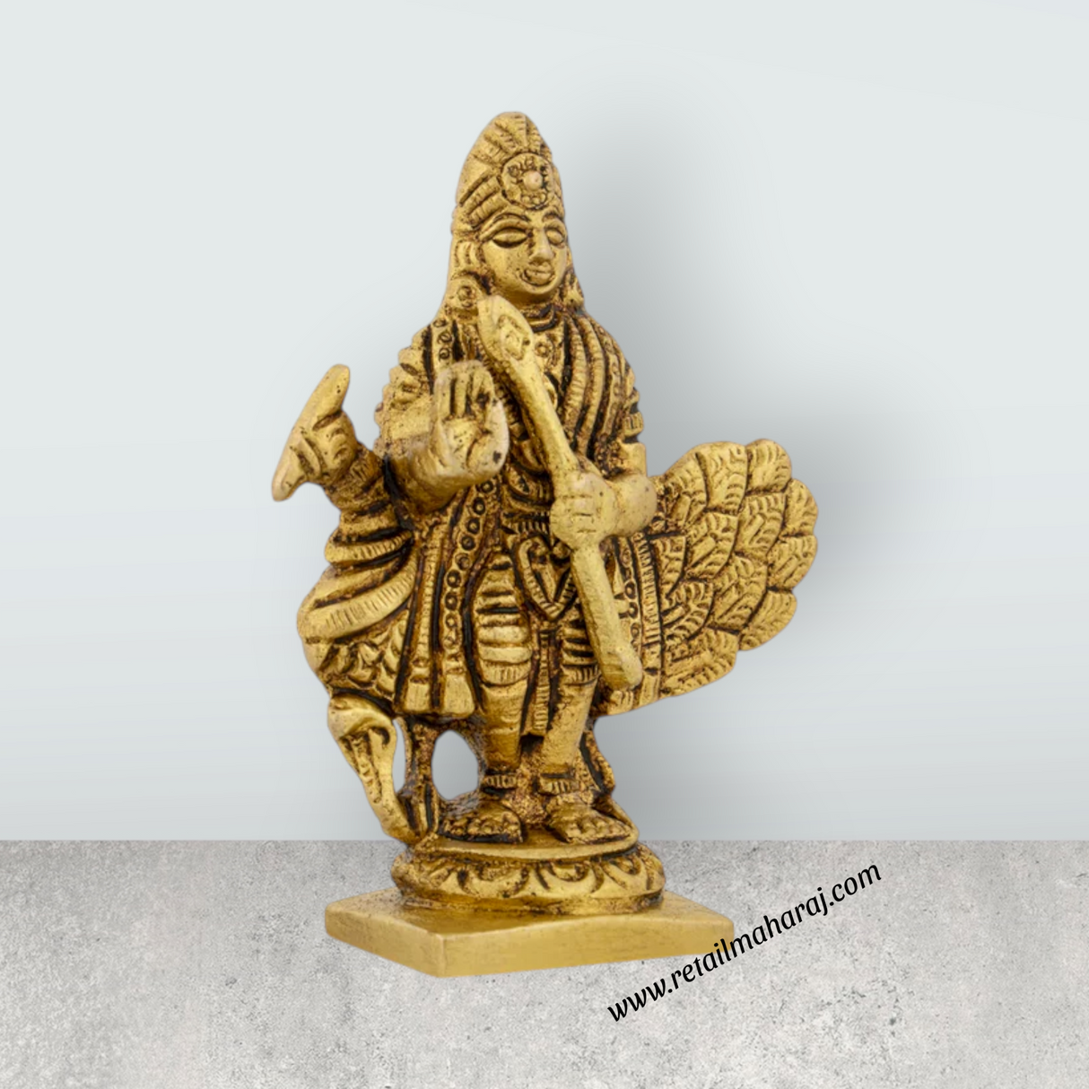 Murugan Statue With Peacock - 3 x 2.5 Inches | Antique Brass Idol/ Kartikeya Statue Standing On Base for Pooja - Retail Maharaj